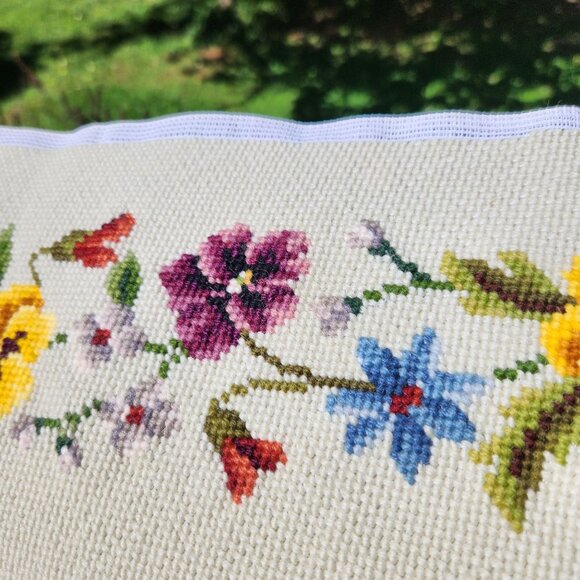Vintage Hand-Stitched Floral Cross Stitch Runner 42" X 7" - Picture 1 of 15